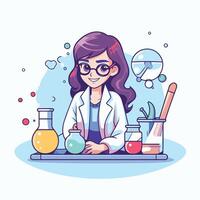 A cartoon woman in a lab coat is sitting at a table with a beaker vector