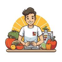 A man sitting at a table with a book and food vector