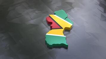 3D map of Guyana moving on a glossy textured floor. The country's area features the Guyana flag texture with a luma matte effect. 3d rendering video