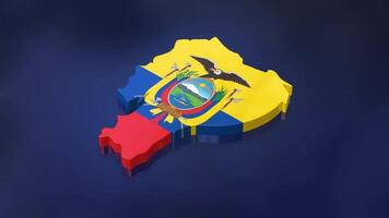 3D map of Ecuador moving on a blue textured floor. The country's area features the Ecuador flag texture with a luma matte effect. 3d rendering video