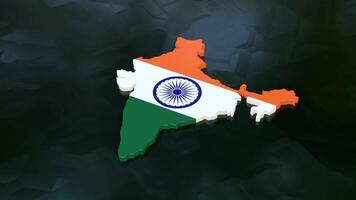 3D map of India moving on a green glossy textured floor. The country's area features the India flag texture with a luma matte effect. 3d rendering video