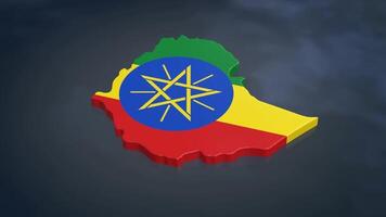 3D map of Ethiopia moving on a blue textured floor. The country's area features the Ethiopia flag texture with a luma matte effect. 3d rendering video
