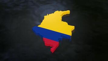 3D map of Colombia moving on a black textured floor. The country's area features the Colombia flag texture with a luma matte effect. 3d rendering video
