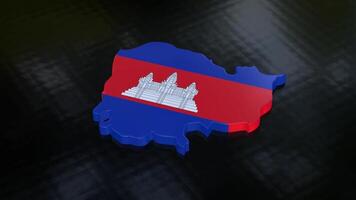 3D map of Cambodia rotating on a black floor. The Cambodia map is textured with the country's flag, designed using a luma matte effect. 3D rendering video
