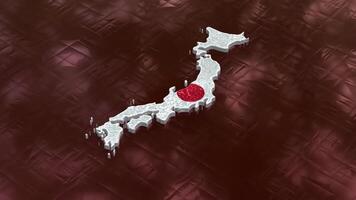 3D map of Japan moving on a red textured floor. The country's area features the Japan flag texture with a luma matte effect. 3d rendering video
