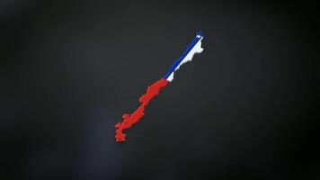 3D map of Chile moving on a black textured floor. The country's area features the Chile flag texture with a luma matte effect. 3d rendering video