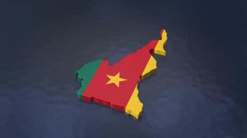 3D map of Cameroon moving on a blue textured floor. The country's area features the Cameroon flag texture with a luma matte effect. 3d rendering video