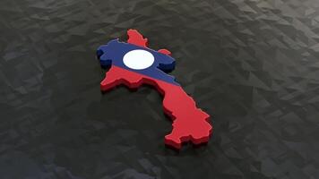 3D map of Laos moving on a black textured floor. The country's area features the Laos flag texture with a luma matte effect. 3d rendering video