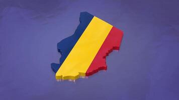 3D map of Chad moving on a purple textured floor. The country's area features the Chad flag texture with a luma matte effect. 3d rendering video