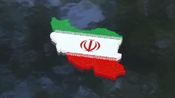 3D map of Iran moving on a black textured floor. The country's area features the Iran flag texture with a luma matte effect. 3d rendering video