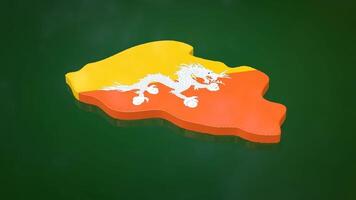 3D map of Bhutan moving and rotating on a green floor. The map of Bhutan is textured with the country's flag. 3D rendering video