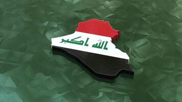 3D map of Iraq moving on a green glossy textured floor. The country's area features the Iran flag texture with a luma matte effect. 3d rendering video