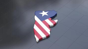 3D map of Liberia moving on a black textured floor. The country's area features the Liberia flag texture with a luma matte effect. 3d rendering video