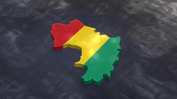 3D map of Guinea moving on a black textured floor. The country's area features the Guinea flag texture with a luma matte effect. 3d rendering video