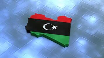 3D map of Libya moving on a black textured floor. The country's area features the Libya flag texture with a luma matte effect. 3d rendering video