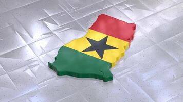 3D map of Ghana moving on a white textured floor. The country's area features the Ghana flag texture with a luma matte effect. 3d rendering video