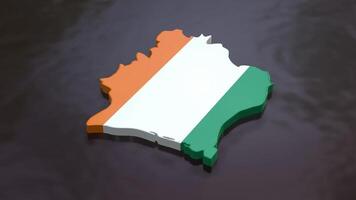 3D map of Cote dIvoire moving on a brown textured floor. The country's area features the Cote dIvoire flag texture with a luma matte effect. 3d rendering video