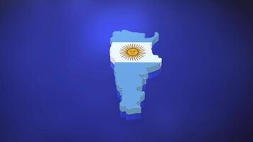 3D map of Argentina moving and rotating on a blue floor. The country's area is textured with the Argentina flag using a luma matte effect video
