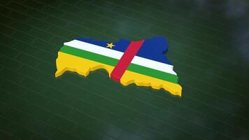 3D map of Central African Republic moving on a green textured floor. The country's area features the Central African Republic flag texture with a luma matte effect. 3d rendering video