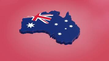 A 3D map of Australia rotating clockwise on a magenta background. The country's borders are textured with the Australian flag, using a luma matte effect video