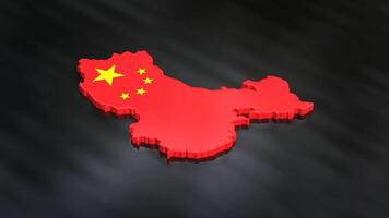 3D map of China moving on a black textured floor. The country's area features the China flag texture with a luma matte effect. 3d rendering video