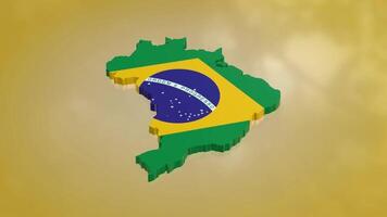 3D map of Brazil moving and rotating on a yellow gradient floor. The Brazil map is textured with the country's flag, designed using a luma matte effect. 3D rendering video