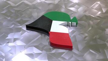 3D map of Kuwait moving on a white glossy textured floor. The country's area features the Kuwait flag texture with a luma matte effect. 3d rendering video