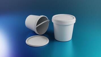 3d rendering of a white plastic bucket with lid on blue background photo