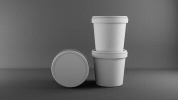 3d rendering of white yogurt bucket with lid on grey background photo