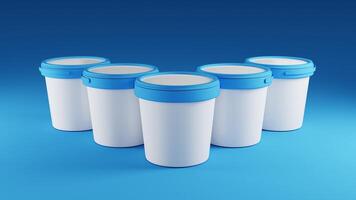 3d render of yogurt buckets in a row on blue background photo