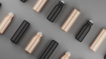 Mockup of brown and beige roll on deo bottles on grey background. 3D rendering illustration photo