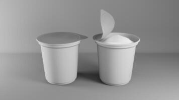 3D rendering of two yogurt cups with open yogurt on gray background photo