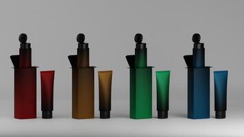 3d rendering of a set of cosmetic bottles in different colors photo