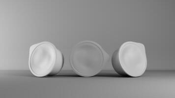 3d rendering of a group of white plastic yogurt containers on a gray background photo