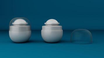 White plastic deodorant bottle with transparent cap mockup on blue background. 3D rendering photo