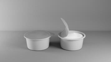 3d rendering of two white plastic containers with yoghurt isolated in studio background photo