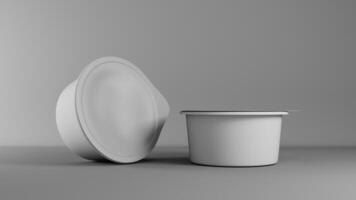 Blank white yogurt container mockup, 3D rendering isolated on grey background photo