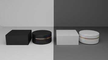 3d rendering of blank black and white product display podium for cosmetics, cream or lotion photo