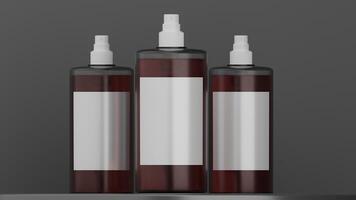 3d render of cosmetic sprey bottles with blank label isolated on grey background photo