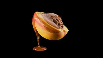 Looping rotation of half a peach with a pit covered in honey. The peach slowly rotates 360 degrees. The file contains an alpha channel. video