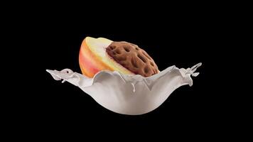 Looping rotation of half a peach with pit in splashes of milk. File contains Alpha Channel. video