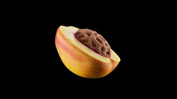 Looping rotation of half a peach with a pit. Peach slowly rotates 360 degrees. File contains Alpha Channel. video