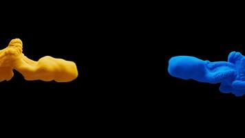 Slow motion 3D animation of yellow and blue thick smoke. With Alpha Channel. Two smokes move towards each other, mixing with each other, forming thick multi-colored puffs of smoke, similar to clouds. video