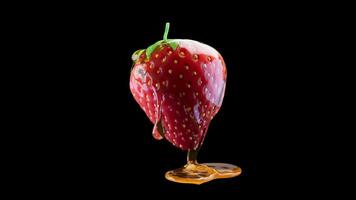 A looping rotation of a strawberry covered in honey. Strawberry slowly rotates 360 degrees. File contains Alpha Channel. video
