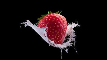 A looping rotation of strawberries in a splash of milk. Slow cyclic rotation and movement around strawberries and milk. File contains Alpha Channel. video