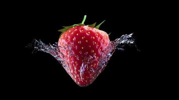 A looping rotation of strawberries in a splash of water. Slow cyclic rotation and movement around strawberries and water. File contains Alpha Channel. video
