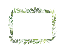 Watercolor rectangular frame with green plants. Botanical frame with place for text and greenery, branches and leaves.Design for cards, invitations, congratulations, wedding invitations, save the date png