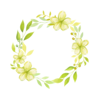 Watercolor round frame with green flowers and leaves. Cute wreath with fresh flowers, branches and berries. Design and layout of cards, greeting cards, invitations, space for text. png