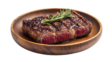 steak in a wooden bowl on a transparent background png