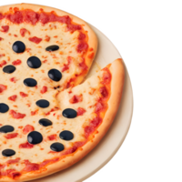 A pizza with black olives on top of a white plate png